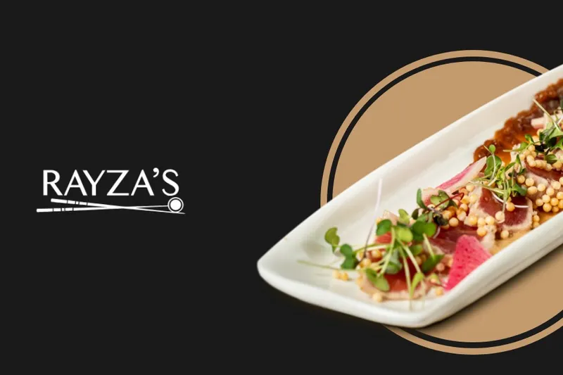 Sushi roll plated on a long white dish beside the Rayza's logo