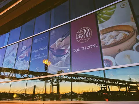 Dough Zone Pine Street storefront windows at sunset