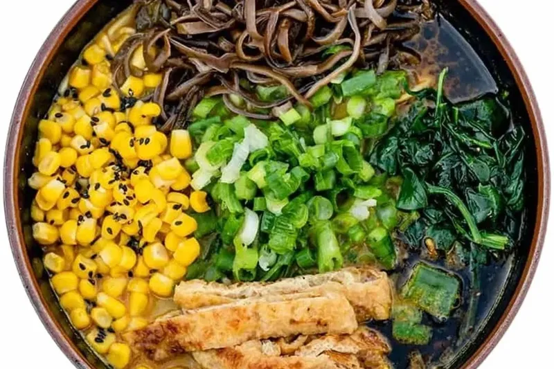 Bowl of ramen with corn, scallions, spinach, and mushrooms at Ramen Tatsu-ya