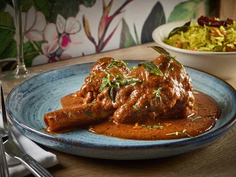 Braised lamb shank in a rich Kerala-style red curry topped with fried curry leaves, served with a bowl of lemon rice at Malabar in Washington, DC
