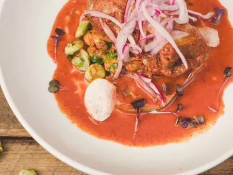 A Yucatecan entrée in a bright red achiote-tomato sauce topped with pickled red onions and lima beans, plated on a white bowl at The Mayan Cafe in Louisville