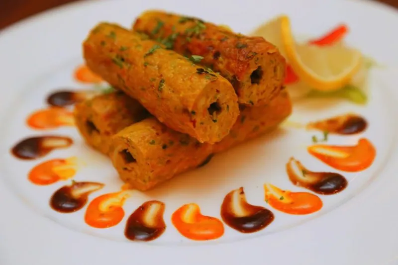 Plated cylindrical kababs garnished with cilantro, served with a lemon wedge and orange and tamarind chutney dots on a white plate, from Mantra in Jersey City, New Jersey