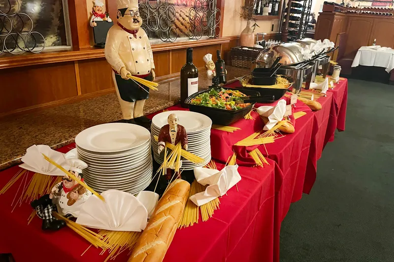 Interior of Marcello's Italian Restaurant, dining room and buffet spread