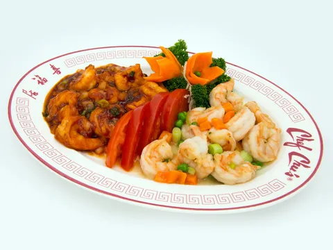 Chef Chu's Lovers' Prawns — jumbo shrimp cooked two ways on a branded Chef Chu's plate