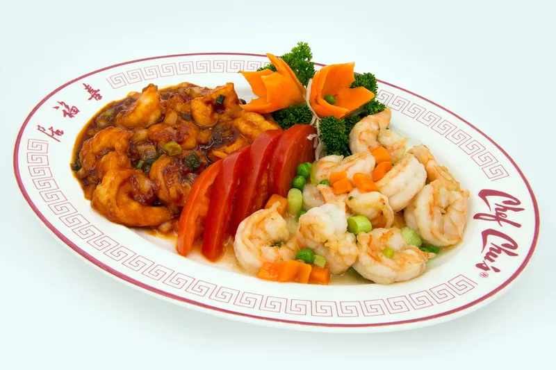 Chef Chu's Lovers' Prawns — jumbo shrimp cooked two ways on a branded Chef Chu's plate