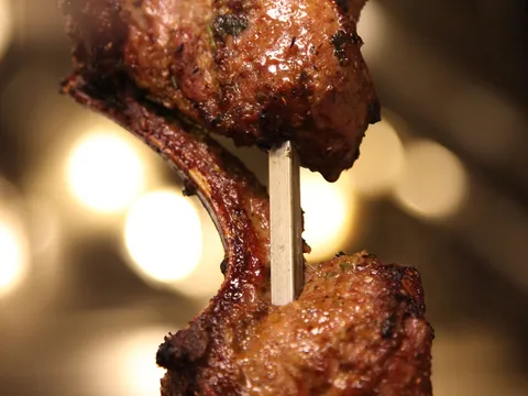 Charcoal-grilled lamb chops on a skewer at London Sizzler, Houston