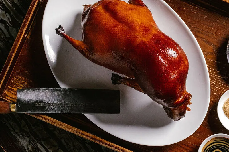 Whole applewood-roasted Peking duck at Mott 32 Las Vegas