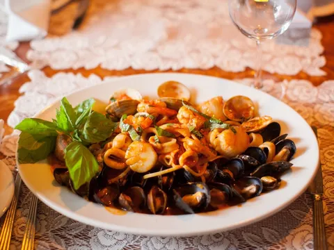 Seafood pasta with mussels, clams, shrimp and calamari at Filomena Ristorante