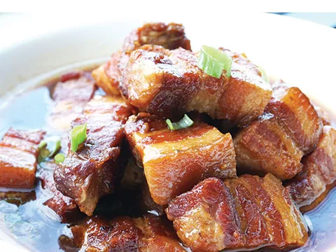Hunan-style braised pork belly glazed in dark sauce with scallions at Spicy Hunan Kitchen (湘私馆), Woburn
