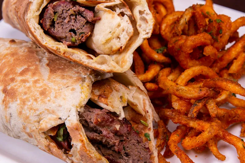 Sliced kabob wrap with a side of spiced curly chaat fries at Tandoor Char House in Chicago