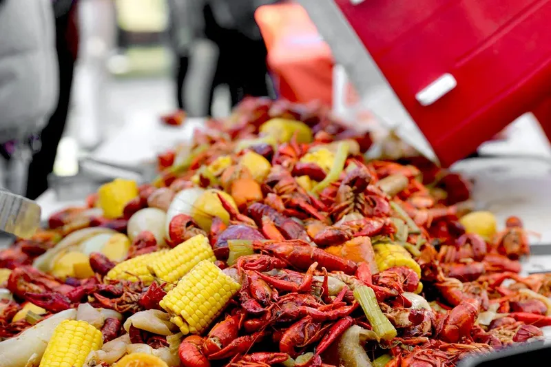 Lowcountry boil with crawfish, corn and potatoes at Hyman's Seafood