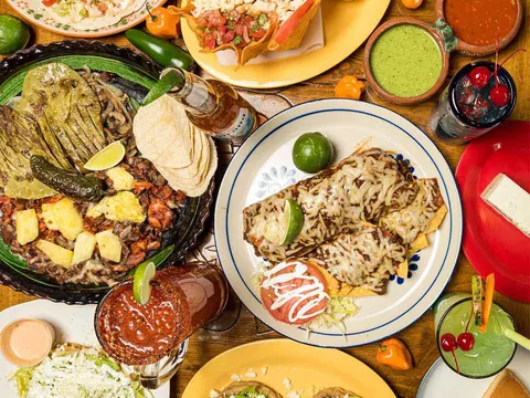 Spread of Los Guachos tacos, sopes, al pastor with pineapple, enchiladas and salsas