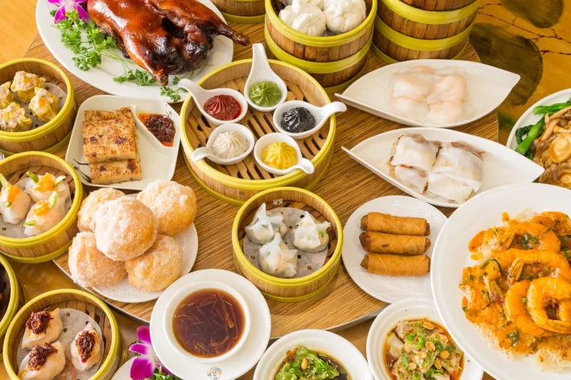 Overhead spread of dim sum in bamboo steamers at Koi Palace