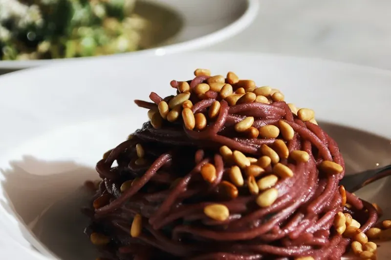 Red wine spaghetti with pine nuts at Bar La Grassa