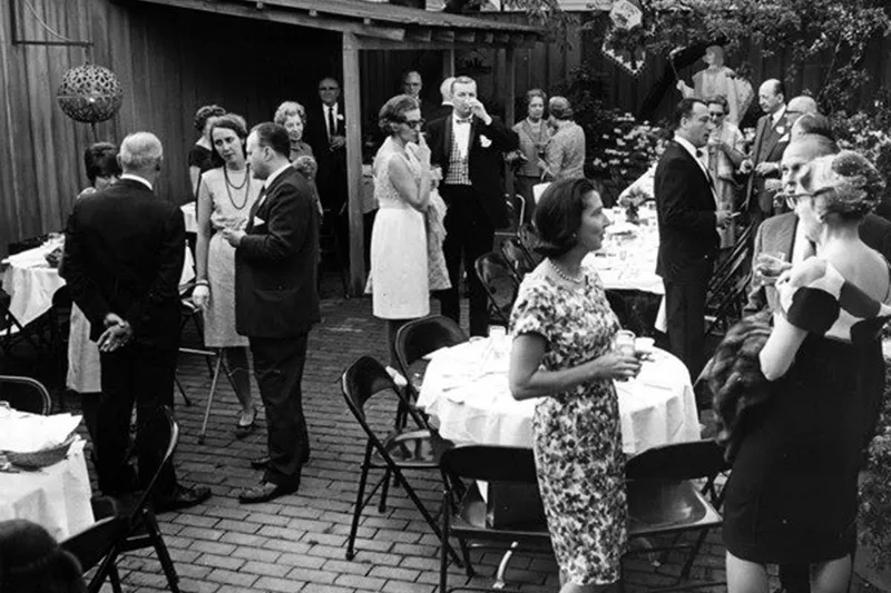 Vintage black-and-white photo of a garden party at Guarino's Restaurant