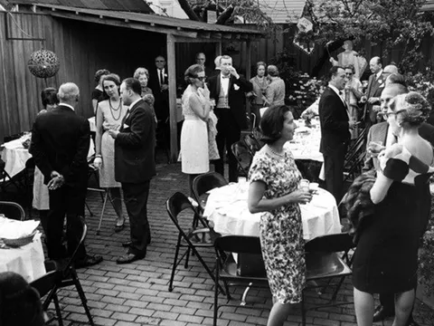Vintage black-and-white photo of a garden party at Guarino's Restaurant