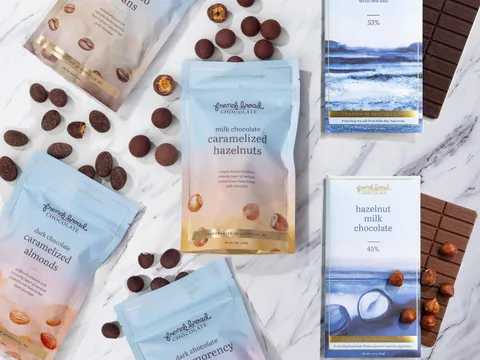 French Broad Chocolate bars and bonbon bags on a marble counter