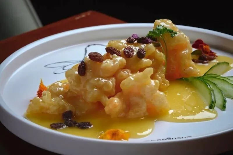 Shrimp with orange liquor sauce plated at Taste of Chengdu