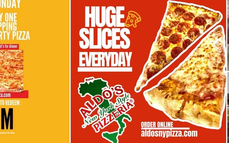 Pizza slices and the storefront for Aldo's New York Style Pizzeria in Albuquerque.
