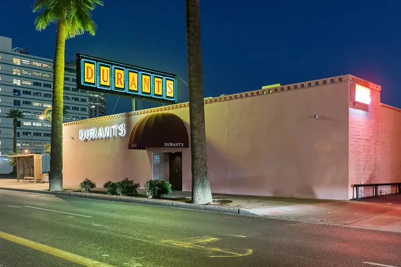 Durant's neon sign and entrance at night