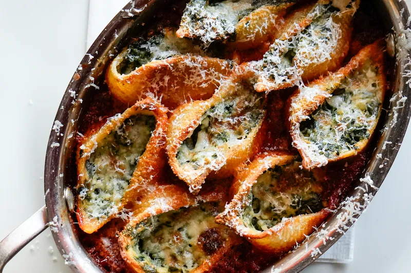 Stuffed shells baked with spinach, ricotta and Parmigiano in a copper pan at Pizzeria Mozza in Los Angeles