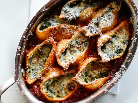 Stuffed shells baked with spinach, ricotta and Parmigiano in a copper pan at Pizzeria Mozza in Los Angeles