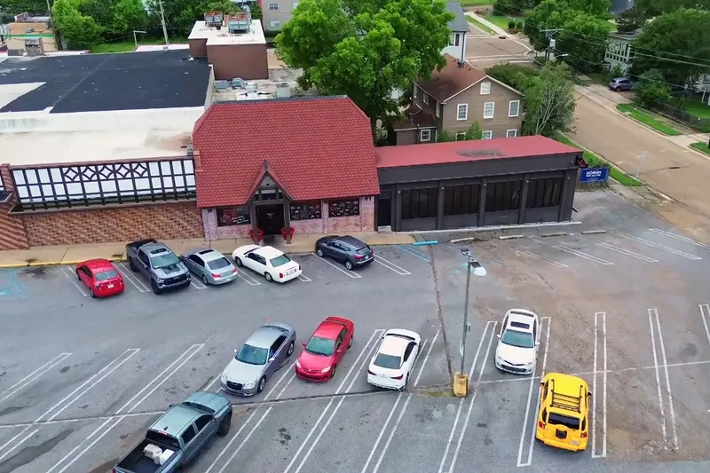 Aerial view of the Boondocks building and its parking lot in Jackson