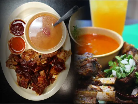 A plate of barbacoa de borrego (lamb) estilo Texcoco at El Huarache Azteca in Highland Park, with a cup of consomé, two salsas, and an orange agua fresca alongside