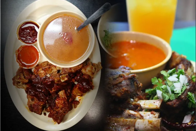 A plate of barbacoa de borrego (lamb) estilo Texcoco at El Huarache Azteca in Highland Park, with a cup of consomé, two salsas, and an orange agua fresca alongside