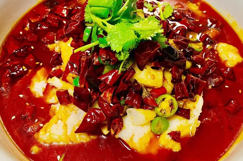 Sichuan boiled fish filet in fiery chili oil topped with dried chilies and cilantro at Sichuan Taste in Portland