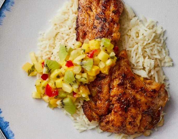 Blackened rockfish with mango salsa and rice at Anthony’s at Point Defiance