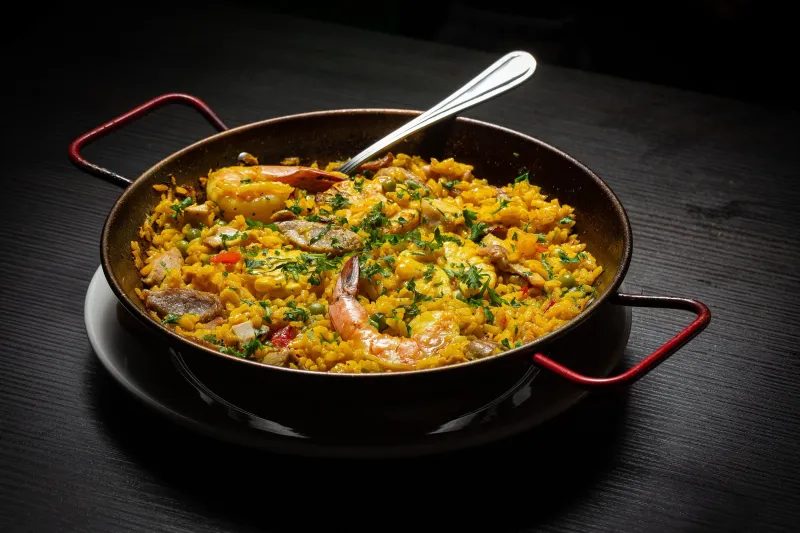 Seafood paella with shrimp and herbs at Oyo