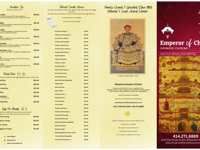 Emperor of China takeout menu page 2 of 2, egg foo young, noodles, fried rice, lunch combinations, and beverages